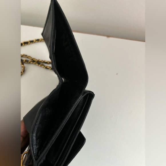 Chanel Camelia  Black VTG  Mini Trifold Wallet On A Chain Gold Adjustable Chain - Picture 12 of 13